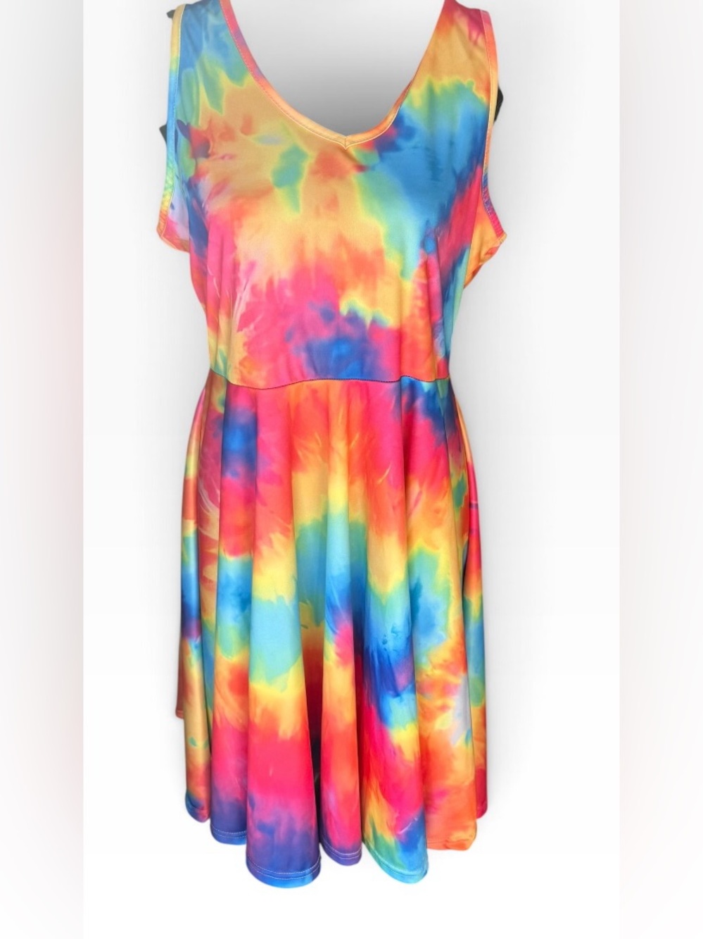 Women’s XL Rainbow Tie Dye Skater Dress Sleeveless V Neck Fit & Flare Stretch